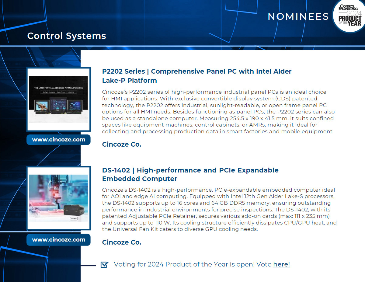 Vote for Cincoze DS-1402 and P2202 in Control Engineering 2024 Product of the Year Awards !