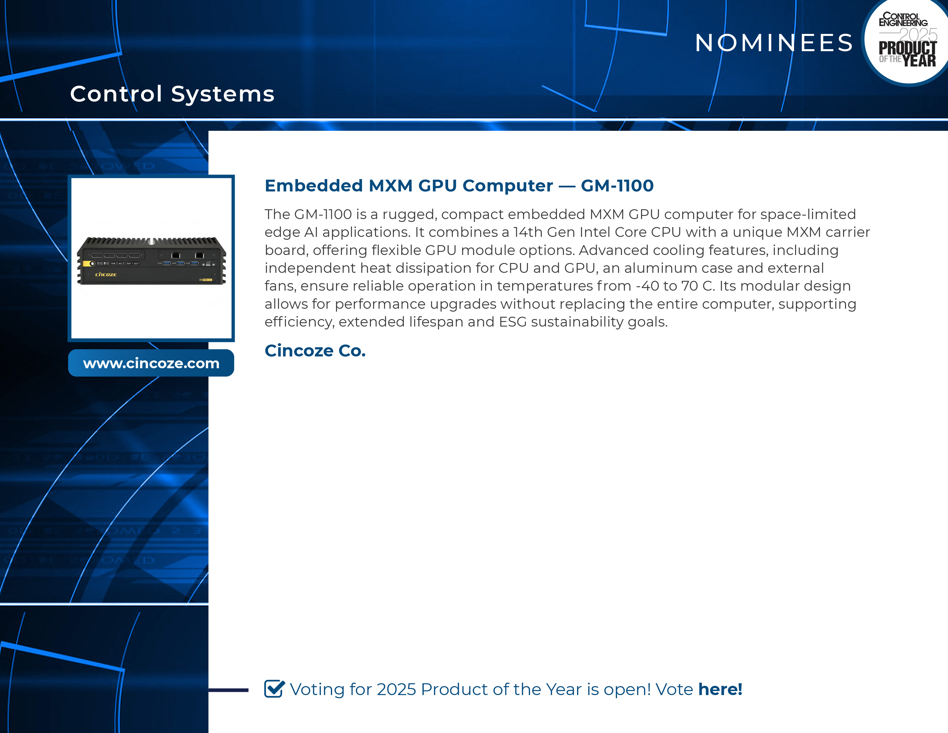 Vote for Cincoze GM-1100 in the Control Engineering 2025 Product of the Year Award!