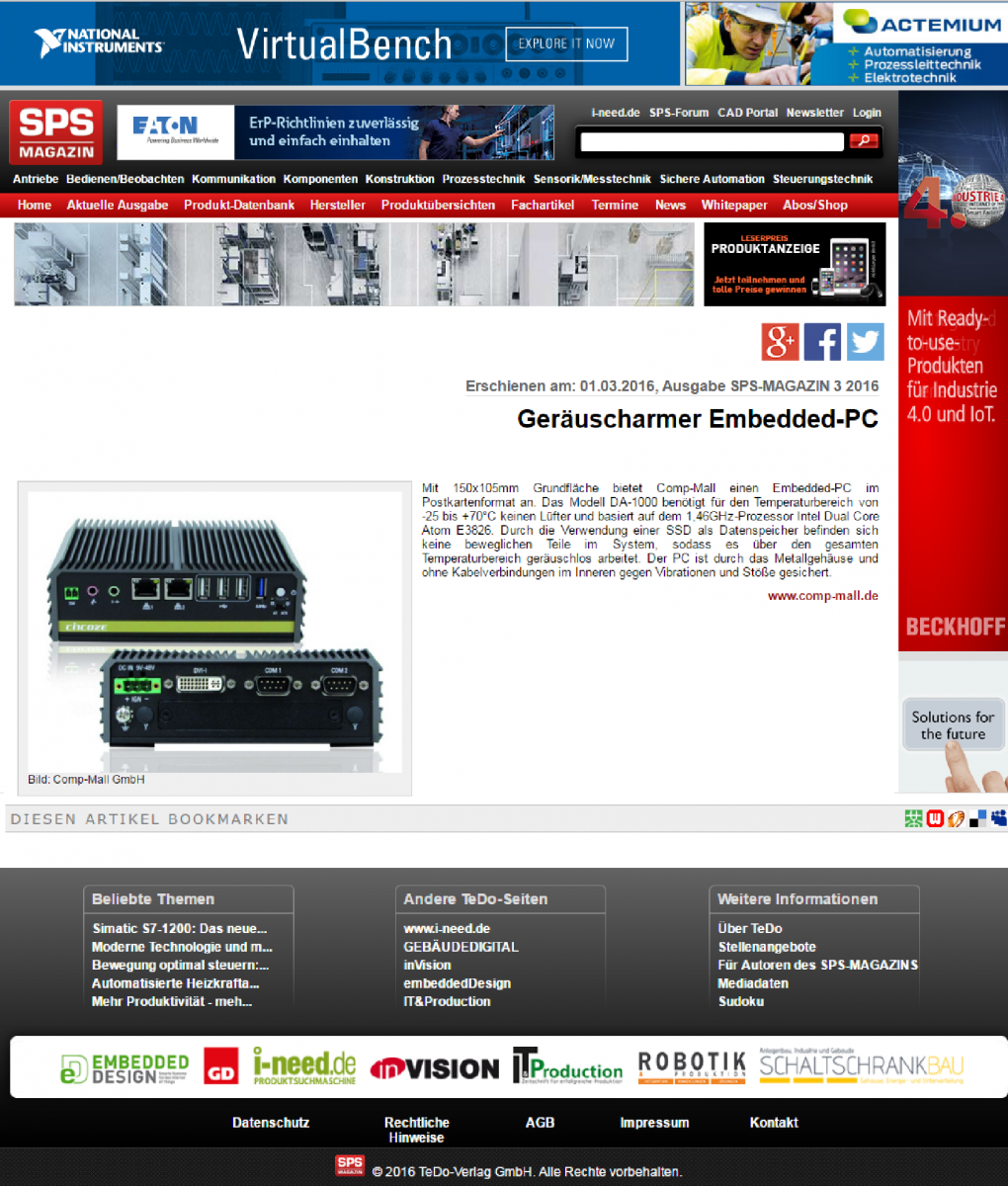 SPS Magazine (Germany) Introduces Cincoze New DA-1000 Embedded PC SPS Magazine (Germany) Introduces Cincoze New DA-1000 Embedded PC
